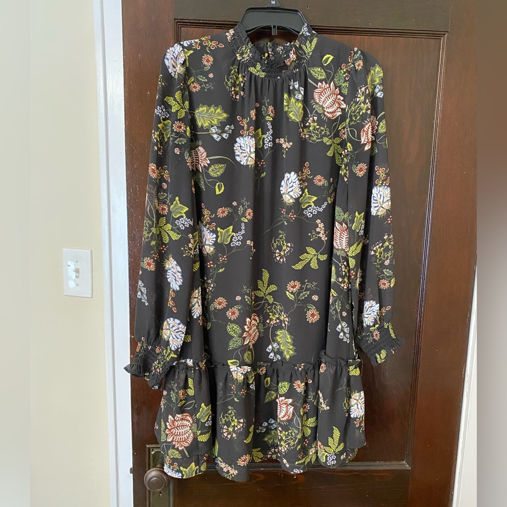 LOFT Charcoal Gray Floral Long Sleeve Dress